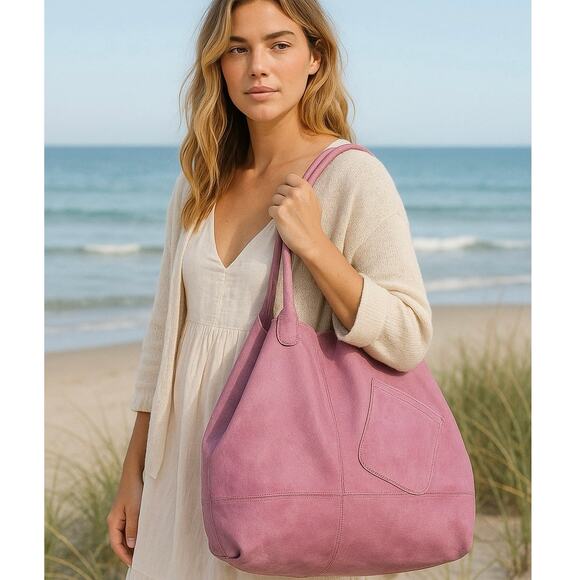 Hobo Purple Pink Boho Oversized Lightweight Leather Tote Shoulder Bag - Picture 1 of 5